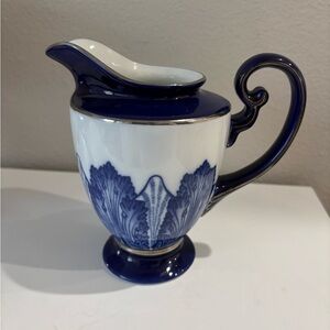 Vintage Bombay Blue and White Ceramic Pitcher with silver trim